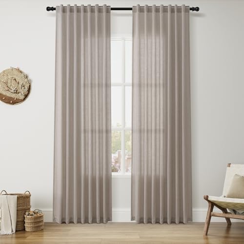 Image of Linen Curtains 84 Inch Long for Living Room Back Tab Stone Beige