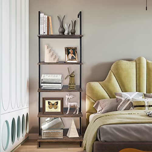 Wolawu 5 Tiers Ladder Shelf Black Modern Bookshelf Open Tall Wall Mount Bookcase Standing Leaning Wall Shelves Industrial Decorative Living Room Bed Room #TOP6