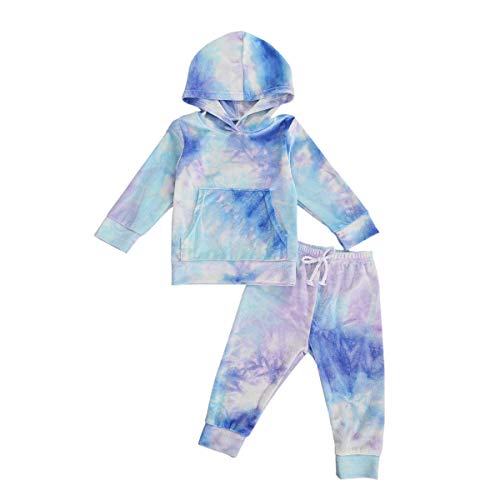 Toddler Baby Boy Girl 2Pcs Velvet Hooded Sweatsuit Tracksuit Top and Sweatpants Outfits Set (Tie Dye Blue, 5-6X)