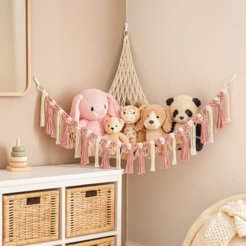 ecofynd Stuffed Soft Toy Organizer, Animal Toy Hammock, Hanging Cotton Storage, Boho Large Corner Plush Toys, Net Holder, Nursery Kids, Play Room, Bedroom, Kid Room (BH011)