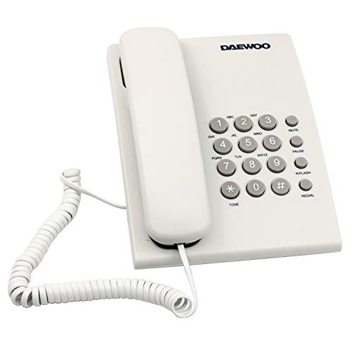 Daewoo Teléfono Fijo DTC  215 | Teléfono Fijo Fácil de Usar | Rellamada Último Número, Función Mute y Volumen Ajustable | Color Blanco