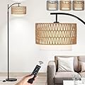Yusist Arc Floor Lamp for Living Room,Farmhouse Floor Lamps with Remote Control & Dimmable Bulb,Rattan Boho Tall Standing Lamp for Bedroom Office