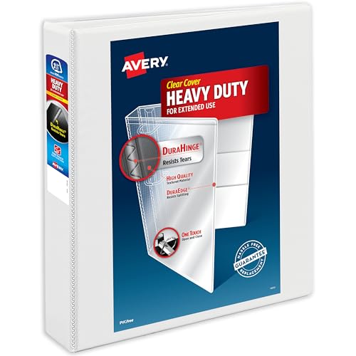 Avery Heavy-Duty View 3 Ring Binder, 1.5 Inch One Touch Slant Rings, 375-Sheet Capacity, DuraHinge, 2.1 Inch Wide Spine, Customizable Clear Cover and Spine, 1 White Binder (79795)