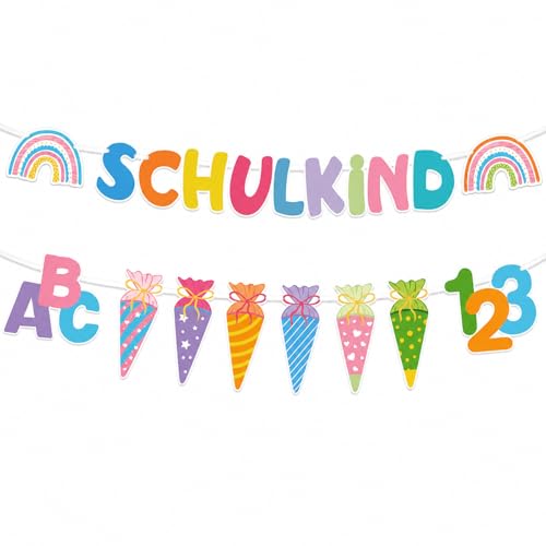 Gleevio Einschulung Deko Girlande Schulkind 2026 Mädchen Junge Girlande Einschulungsdeko Bunt Banner Schulanfang ABC 123 Zuckertüte Wimpelkette Schuleinführung Party Klassenzimmer Wanddeko
