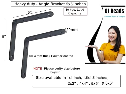 Image of Q1 Beads Metal Heavy Duty (3 mm) L Angle Bracket Clamp - Right Angle Brace for Wood Furniture & Metal, Includes Screws (Black Powder Coated) (5x5-4 Pcs)