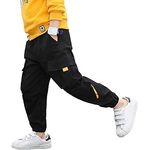 Rolanko Boys Cargo Trousers Elasticated Waist Outdoor Pants with Multi Pockets for Kids Fit, Black&Orange, Tag Size: 160 Cover