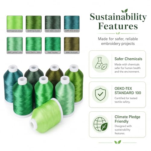 Image of Simthread 8 Shades 550Yds Each 40WT Polyester Embroidery Thread Green Set | 8 green shades with 550Yds each feed smoothly using stable 40WT polyester thread for home and commercial embroidery machines.