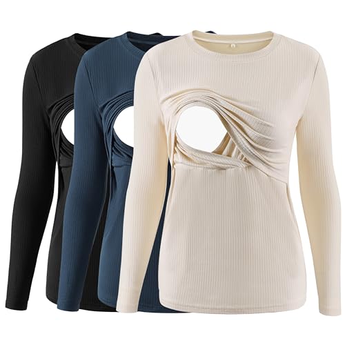 Love2Mi 3er Pack Damen Stillshirt Gerippte Langarm stilltops...