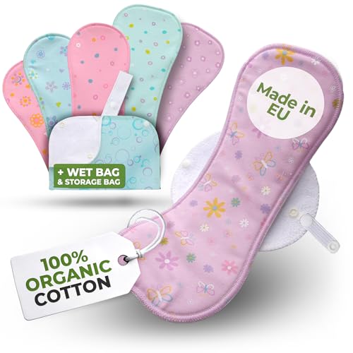 Compresas Reutilizables Ecológicas de Algodón Orgánico; 6-Pack + Bolsa (L+XL) Compresas de Tela Lavables HECHAS EN LA UE; Compresas Tela Mujer Organico alas para menstruación, postparto, incontinencia