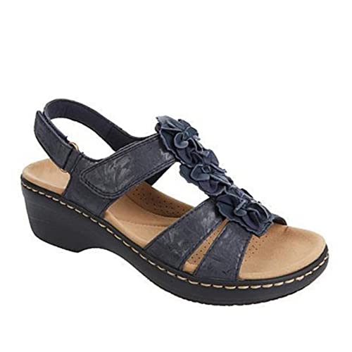 Ecoodisk Zapatos de mujer Verano Tallas grandes Sandalias de flor de punta redonda Sandalias de cuña Mujer Sandal Azul,42