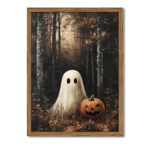 Framed Vintage Halloween Ghost Canvas Wall Art, Cute Ghost Pumpki...