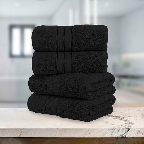Image of Elegant Comfort Three Line Popcorn Towel Set for Bathroom 16 x 28 inches, Premium Hotel Quality 4-Pack Hand Towels, 100% Turkish Cotton, Soft and Durable, Quick Dry and Highly Absorbent, Black