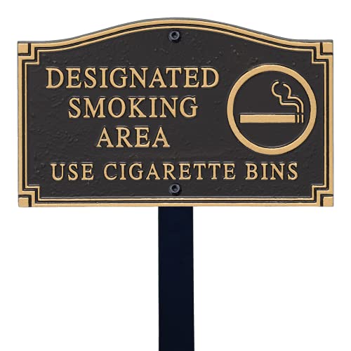 SmartSign Designer Designated Smoking Area Sign, Decorative Use Cigarette Bins Plaque/Marker with Stake | 5.75" x 9.5" Cast Aluminum Metal Sign with 18" Black Lawn Stake, for Lawn/Yard/Garden