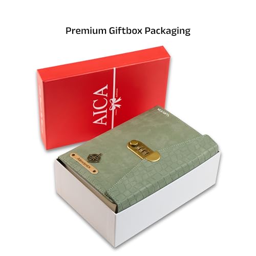 Image of AICA Personalized Name & Charm Lock Leather Diary A5-230 Pages with Locked Password Combination | Customized Daily Journal Notes Gift for Men Women Corporates Boss Staff Manager Colleagues (MintGreen)