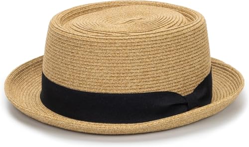 Men Women Summer Straw Pork Pie Hat Boater Derby Fedora Sun-Beach Hats with Bow Band for Men