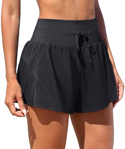 Image of ATTRACO Women's 3 inch High Waisted Swim Board Shorts Pleated Summer Beach Shorts with Pockets