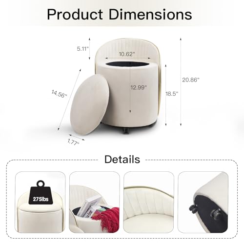 Beige Velvet Swivel Ottoman with Lumbar Support and Rolling Wheels