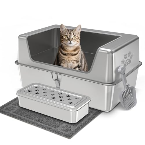 PTLOM Stainless Steel Cat Litter Tray with High Rim, Large Metal Cat Litter Box, Prevents Urine Leakage, Non-slip and Odorless,Wide-Sided Opening Pet Cleaning Tool，19.4"x13.5"x11.8"