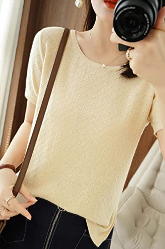 Image of Womens Short Sleeve Sweaters Tops Summer Thin Pullover Cotton Knit Shirt Crew Neck Lightweight Pointelle Blouse