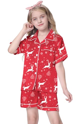 Image of Schbbbta Girls Womens Pajamas, Satin Silky Pjs Set Kids 2Pcs Button-Down Nightwear Sleepwear Gift for Mommy and me