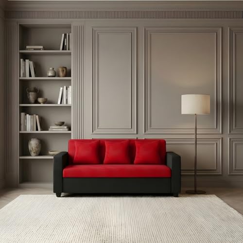 Image of Bharat Lifestyle Tulip Fabric 3 Seater Red & Black Sofa Luxurious Looks and Comfortable Sofa for Living Room, Bedroom, Home and Office, Assembly DIY(Do-It-Yourself) 1 Year Warranty
