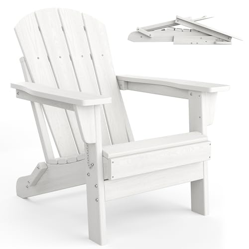 GarveeLife Folding Adirondack Chairs, HDPE Outdoor Patio Chairs All Weather Resistant with Wood Texture for Fire Pit, Deck, Patio, Pool, Backyard - Wh