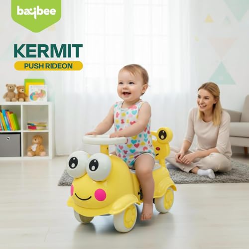 Image of Kermit Ride on Cars for Kids | Portable Kids Car with Music & Toy Storage | Indoor Baby Push Ride-ons with Lights & Safety Backrest | Outdoor Rider Cars for Kid 18+ Months (Yellow)