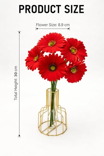 Image of CURATED CART Gerbera Daisy Flowers - Pack of 5 Red Faux Blooms, 30cm Tall | Real Touch PU Petals with Bendable Green Stems | Artificial Flower Bouquet for Home, Kitchen, Office (Red) (No Vase)