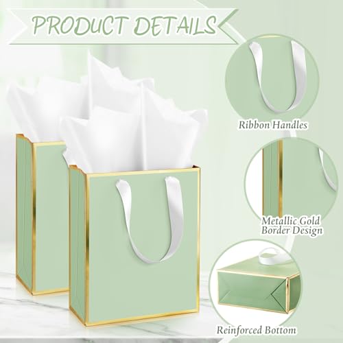 Image of Yeaqee 24 Pack Metallic Paper Gift Bag with Tissue, Sage Green, Gold | with Satin Ribbon Handle and Tissue, 9x7x3.1 Inch, Suit Business, Birthday, Christmas, Thank You Return Gifts Bags