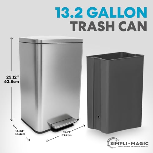 Image of SIMPLI-MAGIC 50 Liter / 13.2 Gallon Soft-Close, Smudge Resistant Trash Can with Foot Pedal and Built in Filter- Stainless Steel, Sleek Finish