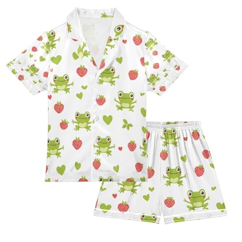 senya Frog with Strawberry Satin Summer Pajama Sets Silk Short Sleeve Button Down Sleepwear