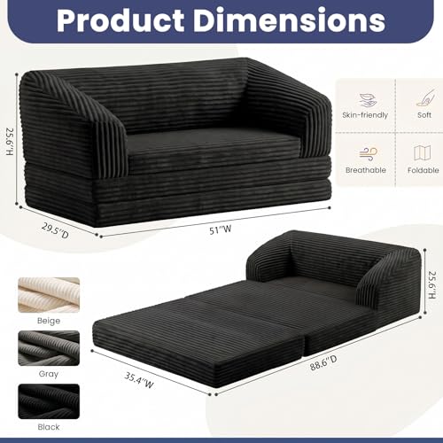 Image of JUIKURY Convertible Sofa Bed, 3-in-1 Foldable Loveseat Couch with Armrest, Corduroy Floor Sofa & Sleeper Bed, No Assembly High-Density Foam Futon Mattress for Living Room, Small Apartment, Dorm