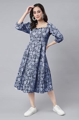 Image of Janasya Women's Cotton Floral Print Flared Dress