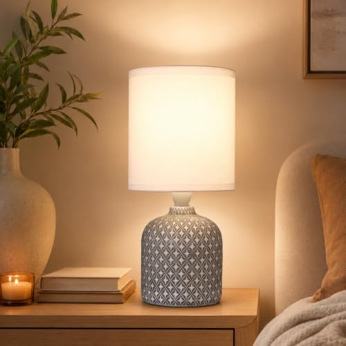 Image of MAGIK Moroccan Mist Decorative Table Lamp (Taupe) | Concrete Base with Off-White Fabric Shade | Includes 5W LED Bulb | E14 Holder | Elegant Ambient Lighting for Bedroom, Living Room & Study