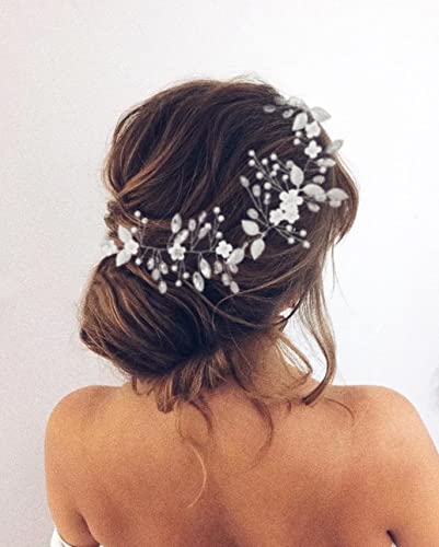 Miniatura 3 de Yean Diadema de novia de boda con flores plateadas, accesorios para el cabello de perlas y hojas para mujeres y niñas
