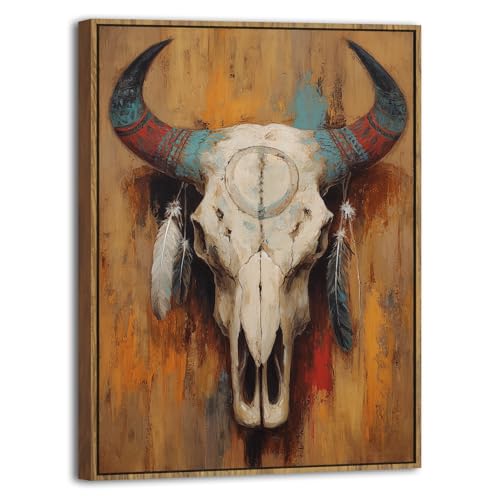 Image of Western Bull Skull Wall Art Framed Rustic Tribal Cow Skull Painting with Feathers, Southwestern Boho Canvas Wall Decor Western Farmhouse Artwork for Living Room Bedroom Office Home Decorations 16x24