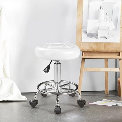 Image of VECELO Adjustable Rolling Home Office Desk Chair, PU Leather Swivel Drafting Chair with Wheels & Footrest, Height Adjustable Armless Task Stool for Home Office, Salon, Spa, White