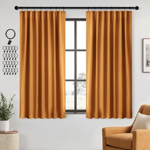 Image of ANRODUO Mustard Yellow Back Tab Blackout Curtains 54 Inch Long 2 Panels | Rod Pocket,Thermal Insulated Room Darkening Light Blocking Curtains for Living Room Bedroom Privacy,W42xL54