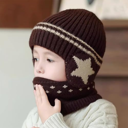 Kids Winter Knitted Beanie Hat Circle Scarf Set Soft Warm Fleece-lined Earflaps Skull Cap for Boys Girls 3-8 Years4