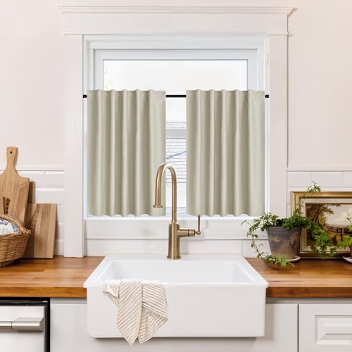 Image of RYB HOME 100% Blackout Basement Curtains 30 inches Long, Heat & UV Blocking Total Room Darkening Noise Reducing Back Tab Curtains for Bathroom RV Campers, Natural, 2 Panels Set