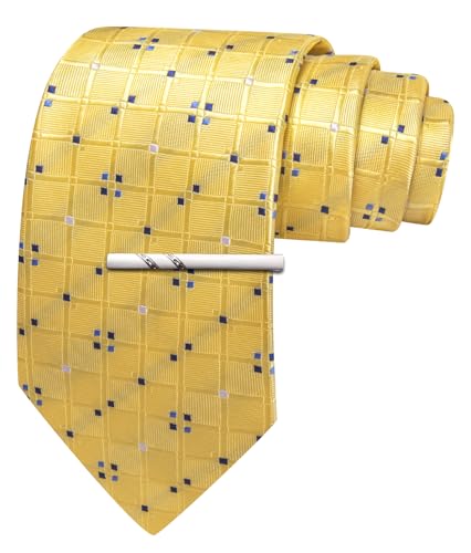 Image of Barry.Wang Plaid Ties Mens Silk Necktie and Tie Clip Checkered Tie for Wedding Party Business Formal