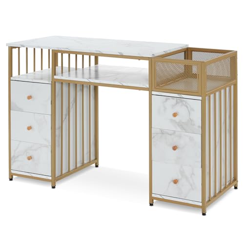 BarberPub Marbling Texture Nail Acetone Resistant Desk, Manicure Table with Metal Frame, Nail Salon Station Beauty Storage Organizer 2425 (White)