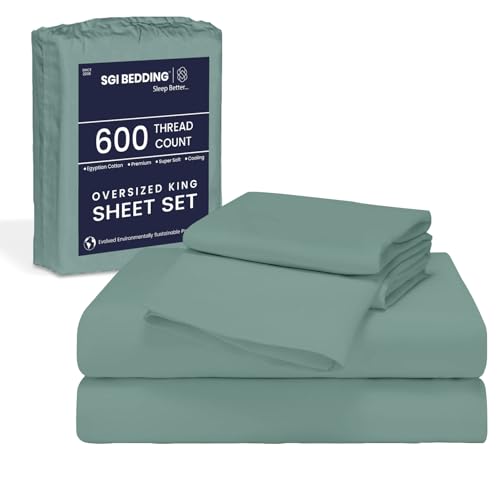 Image of SGI bedding 96 inch W x96 L 4Pc Vermont King Sheet Set 100% Egyptian Cotton - 600 Thread Count, Fits 12 inch Deep Pocket - Soft Breathable Oversized Sheets, for Extra Large Beds - Aqua Green