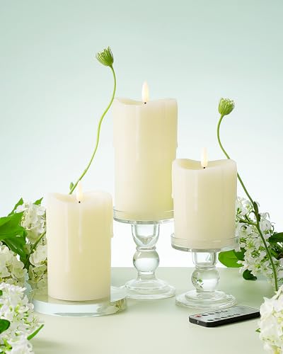 Image of Ivory Flameless Candles with Remote and Timer, Real Wax Made Wax Drip LED Pillar Candles Battery Operated with 3D Flickering Flame Melted Top - 3 inch x 4 inch,5 inch,6 inch - Set of 3