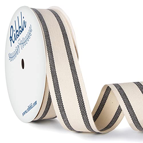 Ribbli Natural Cotton Stripe Ribbon,1Inch x 10 Yard Spool,Natural/Black,Farmhouse Ribbon,Use for Gift Wrapping,Home Decor,Floral Decoration
