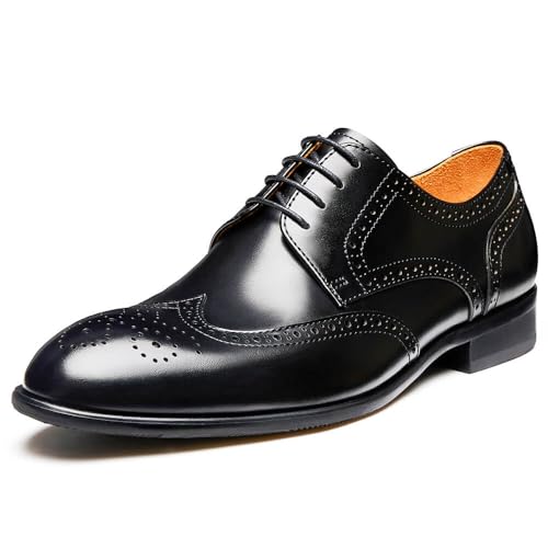 Image of Men's Dress Shoes, Genuine Leather Oxford Shoes for Men, Wingtip Brogue and Plain Toe Lace Up Formal Business Wedding Derby Shoes