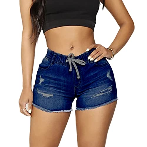 Weigou Women Denim Shorts Drawstring Elastic high Waist Fit Ripped Washed Women Jeans Shorts (Dark Blue, M, m)