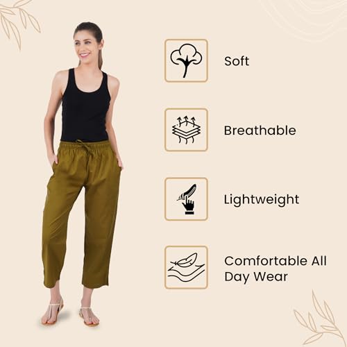 Image of Happy Bunny Parallel Pants for Women 100% Cotton Ankle Length Trousers Regular Fit with Elastic Drawstring Stylish & Pockets Casual Formal Wear for Office & Home