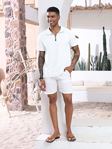 Yawyews Men's Casual Zipper Polo Shirts V Neck Short Sleeve Summer Slim Fit Turn-Down Collar Shirts White #TOP3