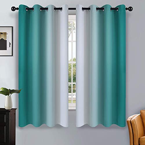 Image of SimpleHome Ombre Teal to Grey White Curtains for Living Room 52Wx63L | Room Darkening Curtains for Bedroom,Gradient Light Blocking Curtain,Thermal Insulated Grommet Window Drapes,2 Panels,63 Inch